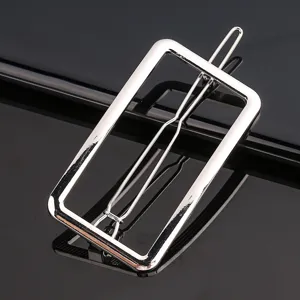 Minimalist silver geometric rectangular metal hair clip detail, stylish alloy hair barrette.