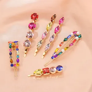 Colorful rhinestone hair clips set gold metal crystal geometric hairpins for women