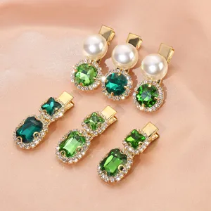 Korean retro green zircon hair clips elegant pearl rhinestone hairpin women fashion hair accessories