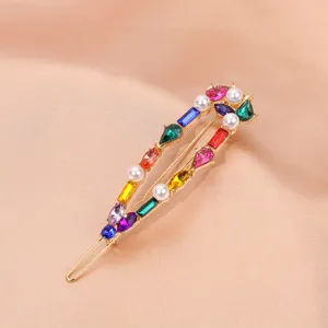 Elegant gold-tone hair clip decorated with colorful rhinestones and pearls for women.