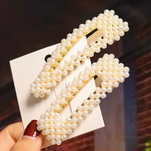 Pearl hair clip set, elegant gold metal bb clips with faux pearls for women and girls daily wear.