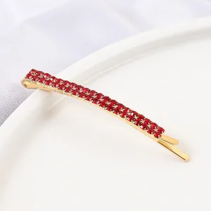 Gold double-row red rhinestone hairpin, stylish crystal bobby pin for daily sweet hair styling.