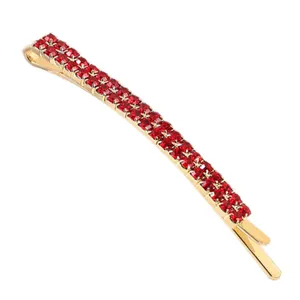 Gold tone metal hair clip featuring double rows of sparkling red rhinestones for women girls.