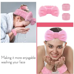 Roze strik hoofdband en polsbanden set voor gezicht wassen, make-up en SPA, zacht pluche.