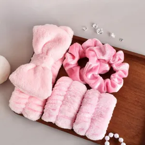 Schattig Polyester Strik Haarband Polsband Set Effen Kleur Pluche Hoofdband Voor Skincare Make-up Spa Vrouwen Accessoires