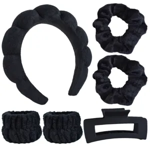 Ensemble 6 pcs bandeau spa chouchous bracelets pince à cheveux noire pour maquillage visage.