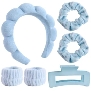 Ensemble serre-tête nuage chouchous bracelets pince à cheveux bleu clair pour maquillage.