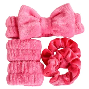 Roze koraalvleece strik hoofdband, absorberende polsbandjes en scrunchie set voor make-up en SPA.