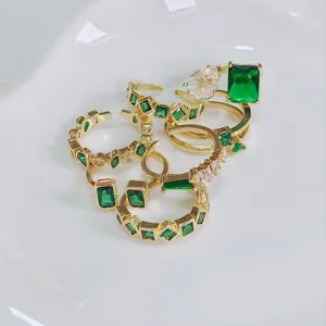 Bague Ouverte Zirconia Vert Vintage Pour Femmes Luxe Cuivre Géométrique Doré Argenté Mode Anneau de Doigt Bijoux Cadeau