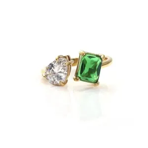Élégante bague ouverte exquise avec zircone cubique blanche et cristal vert émeraude.