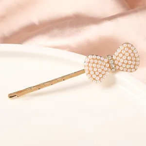 Élégante pince à cheveux nœud perle pour femme, barrette dorée avec strass scintillants.