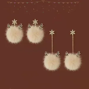 Gold Tone Alloy Antler Snowflake Faux Fur Pom Pom Stud Earrings Cute Christmas Winter Jewelry For Women
