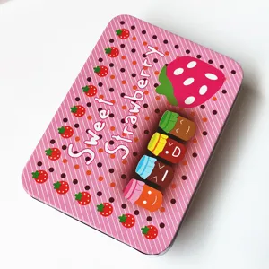 Pink strawberry tin box detail, cute jam jar pattern, metal storage container for nice gifts.