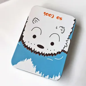 Cute cartoon bear printed metal storage tin box detail view, compact and stylish design.
