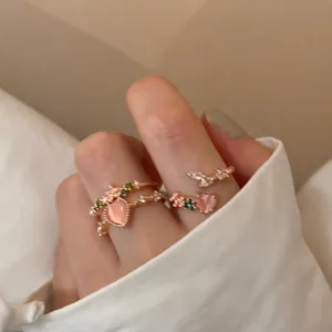 Double layer heart zircon open ring for women sweet design niche luxury style adjustable ring