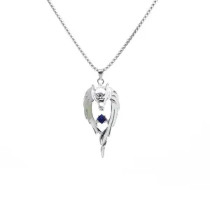 Vintage hip hop wolf pendant necklace with glowing totem and blue crystal for men and women.