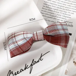 Korean style plaid bow hair clip, retro red and blue checkered hair barrette for women.