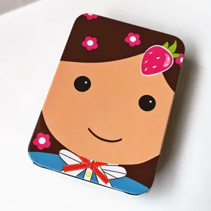 Cute cartoon girl printed metal storage tin box with strawberry and flower design for small items.
