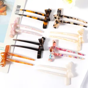 Haarstab Aus Zelluloseacetat Mit Schleife U-Haarnadel Französischer Stil Schildpatt Marmormuster Haarschmuck Für Damen Duttschmuck