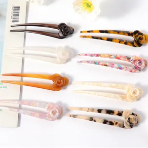 Acetat Rosen U-förmige Haarnadeln für Damen Dutt Haare Styling elegante Haarschmuck Gabel