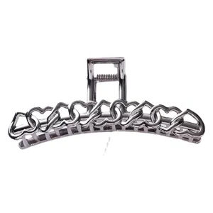 Silver metal hair claw clip with interlocking heart links design for women daily wear.