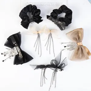 Elegant Organza Fabric Bowknot Hair Clip With Rhinestone Tassel Luxury Inlaid Bow Hair Tie Sweet Headwear Fashion Accessories For Women