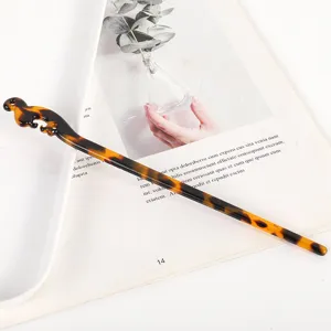 Elegant acetate tortoiseshell hair stick for women, classic hollow hair fork bun pin.