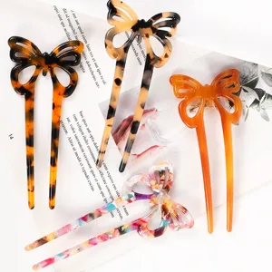 Acetate Cellulose Butterfly Hair Stick Hollow Out Tortoiseshell U Shaped Updo Hair Fork For Women Everyday Styling Accessories