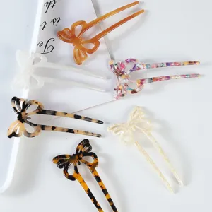 Acetate butterfly hair stick detail, elegant hollow hair fork, vintage hair accessories for women.
