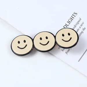 Chic black and white acrylic triple smiley face hair clip detail, stylish daily side barrette.