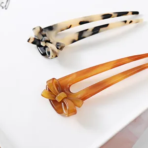 Tortoiseshell acetate hair fork hollow bow bun pin elegant hair stick for women styling accessories