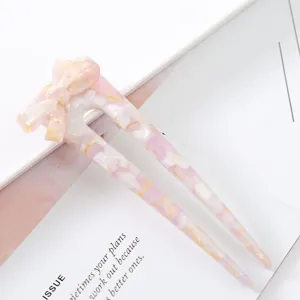 Pink marbled acetate bow hair fork elegant U-shaped hair pin hairpin bun maker accessory