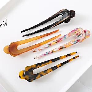 Acetate U-shaped hairpins set, elegant tortoise shell and floral hair fork for buns.