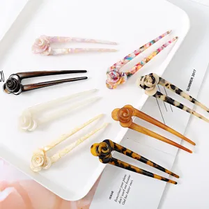 U-shaped acetate hair fork with vintage rose flower design, perfect for elegant buns and styling.