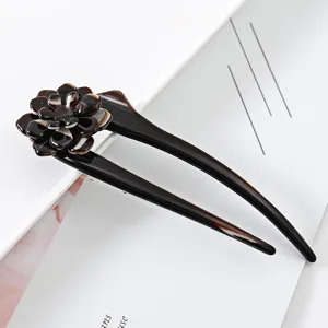 acetate flower u shaped hair pin detail shot dark tortoise shell hair fork for buns