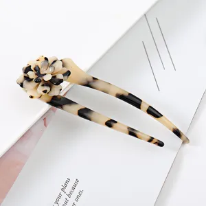 Acetate hair fork with floral design tortoiseshell pattern hairpin for elegant buns updo styling.
