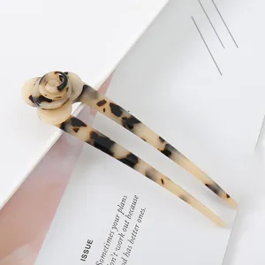 Tortoise shell acetate U-shaped hair fork with flower, elegant bun maker for daily retro styling.