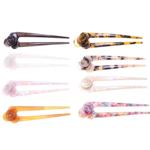 U-shaped acetate hair stick with flower design, perfect for elegant buns and Hanfu styling.