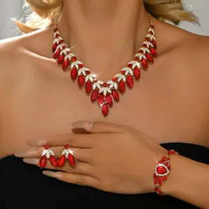 Primo piano dettagliato di un set di gioielli in cristallo rosso con collana e braccialetto.
