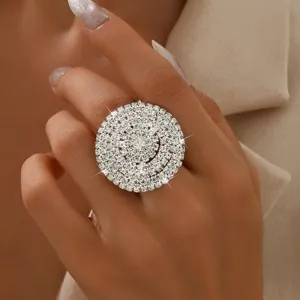 Stupendo anello geometrico in strass pavé, grande anello rotondo scintillante in cristallo regolabile