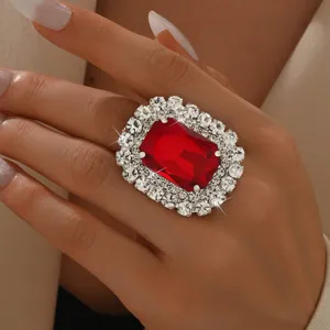 European American fashion statement large red crystal rhinestone ring cocktail jewelry