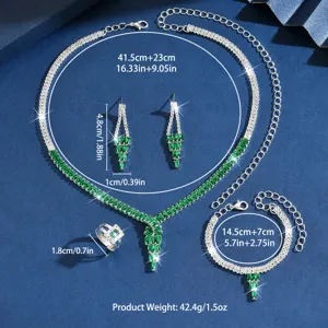 Conjunto de joyas de lujo de cristal verde collar pendientes anillo pulsera elegantes.