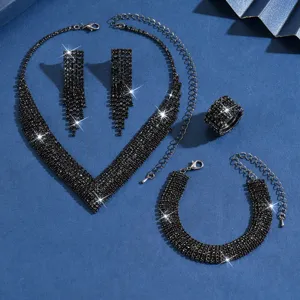 Close-up detail of the black rhinestone jewelry set, featuring sparkling crystal design elements.