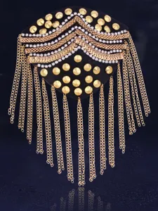 Handcrafted tassel epaulette with gold rivets and rhinestones for stage costume and jacket.