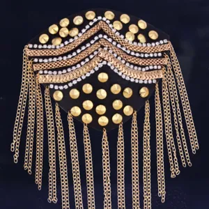 Handmade tassel epaulet with rivets and rhinestones, ideal stage shoulder brooch for jackets.