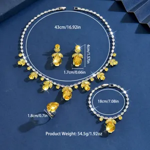 Elegante set di gioielli in zircone giallo con collana, orecchini, bracciale e anello.