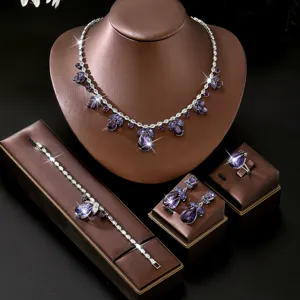 Set di gioielli da sposa eleganti in zircone viola collana braccialetto orecchini anello
