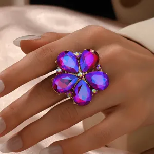 Squisito anello fiore strass statement cristallo geometrico gioiello regolabile dettaglio.