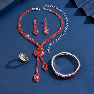 Set di gioielli in strass rosso collana orecchini bracciale anello per sposa festa.