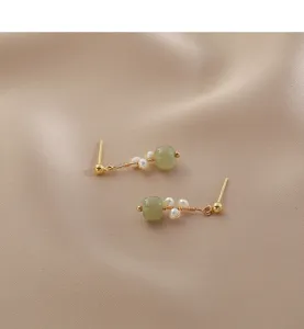 Chinese style imitation jade pearl 925 silver stud earrings elegant minimalist jewelry detail view